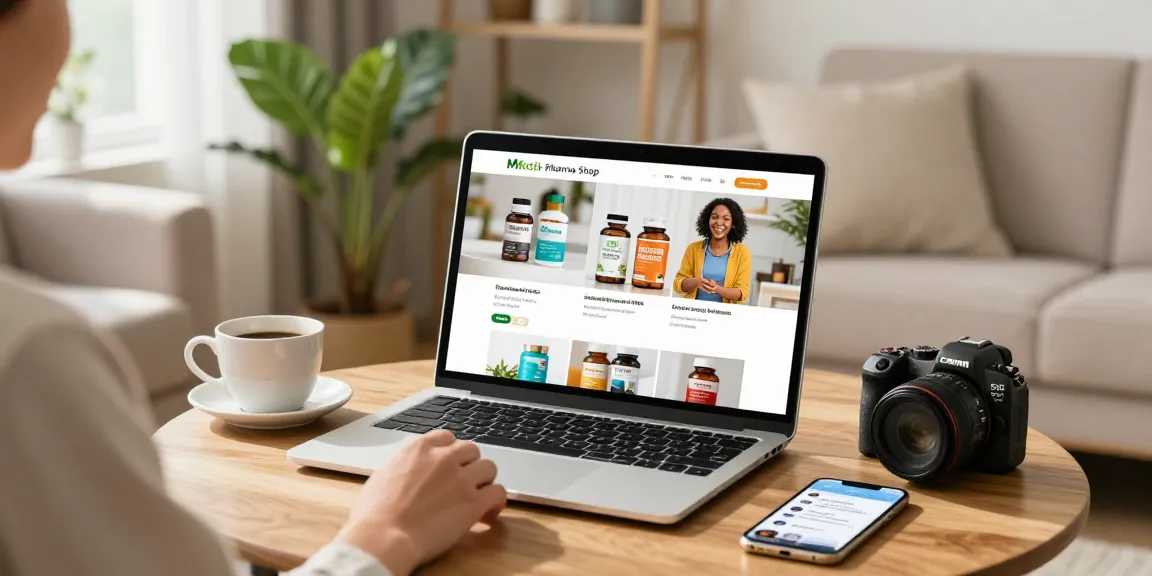 Einkäufer, der die Webseite des Medi Pharma Shops für Gesundheitsprodukte in einer gemütlichen Umgebung erkundet.