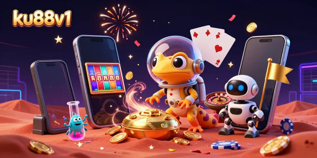 ku88v1 showcases a Martian gecko discovering a golden casino, surrounded by dynamic gambling items.