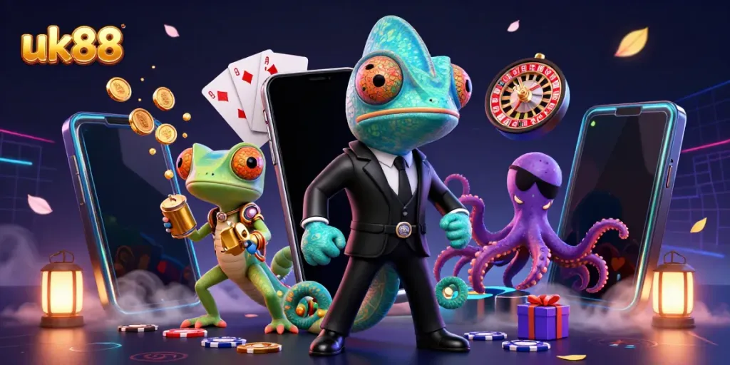 Hit the jackpots with uk88 as a chameleon agent, gadget gecko, and octopus in a vibrant casino scene.