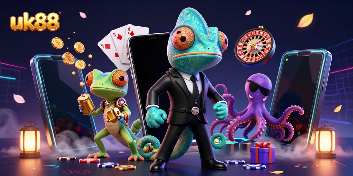 Hit the jackpots with uk88 as a chameleon agent, gadget gecko, and octopus in a vibrant casino scene.