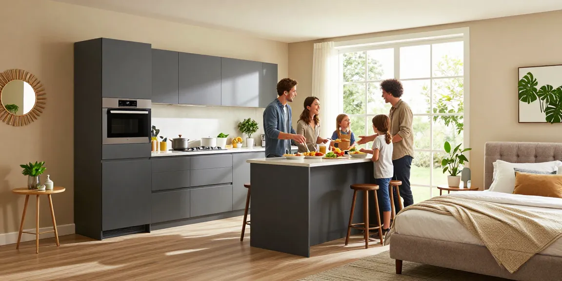 Entdecken Sie eine stilvolle moderne Küche und ein gemütliches Schlafzimmer in dieser Online-Szene eines Möbel Shops, die funktionale und einladende Möbel zeigt.