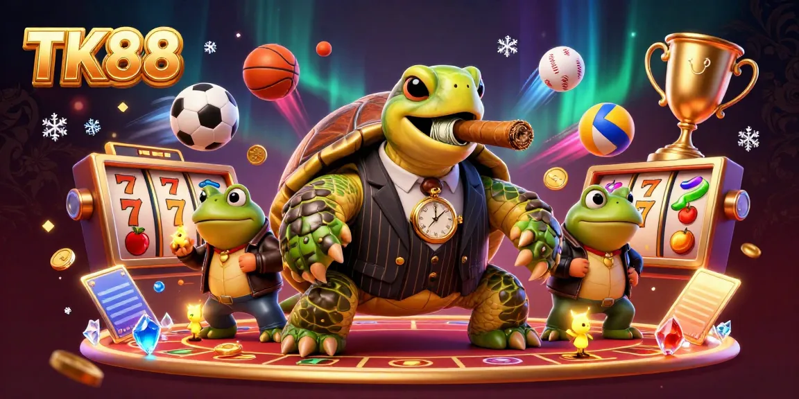 Join the massive snapping turtle and bullfrog enforcers at TK88's vibrant casino, showcasing the excitement of slot reels and jackpots.