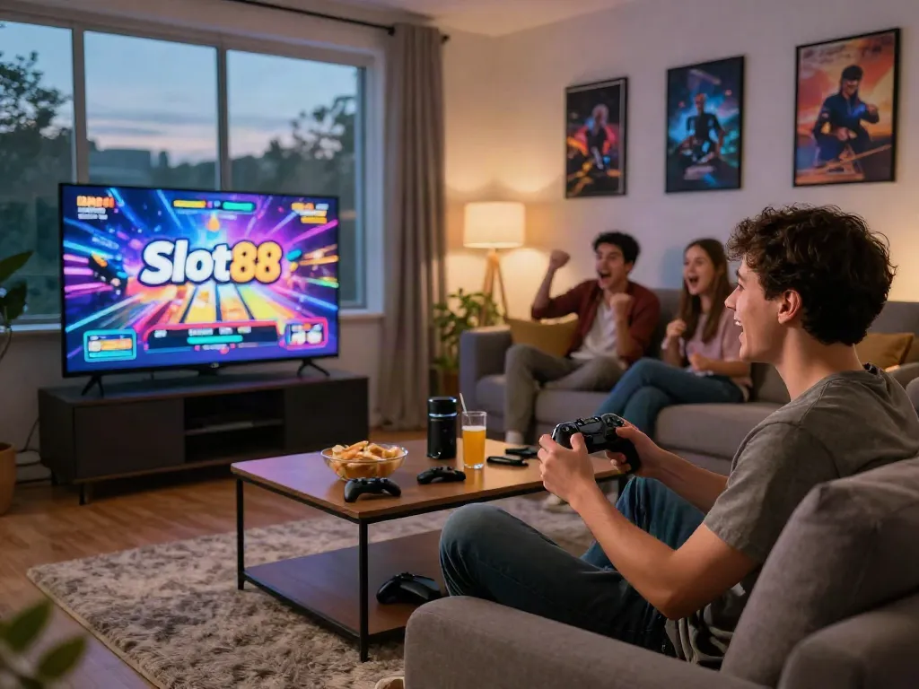 Player enjoying Slot88 games in a cozy living room, showcasing a social gaming experience.
