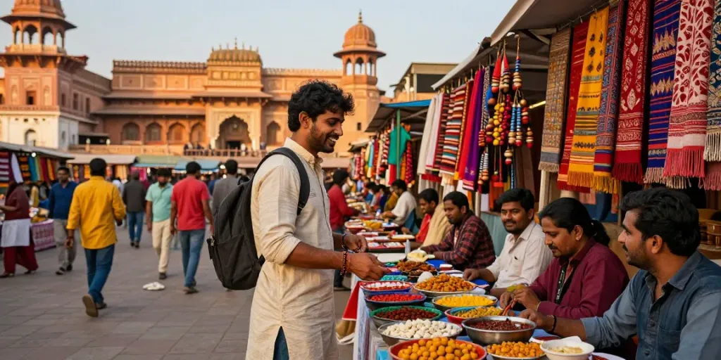 Vibrant ROKOK88 travel scene showcasing a traveler engaging with local culture in India.