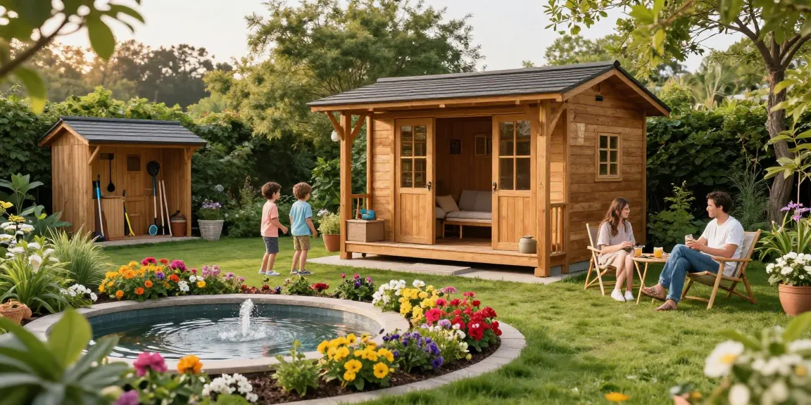 Das gemütliche Gartenhaus von McGarden24 in einem blühenden Garten mit Familie, ideal für die Gartengestaltung.