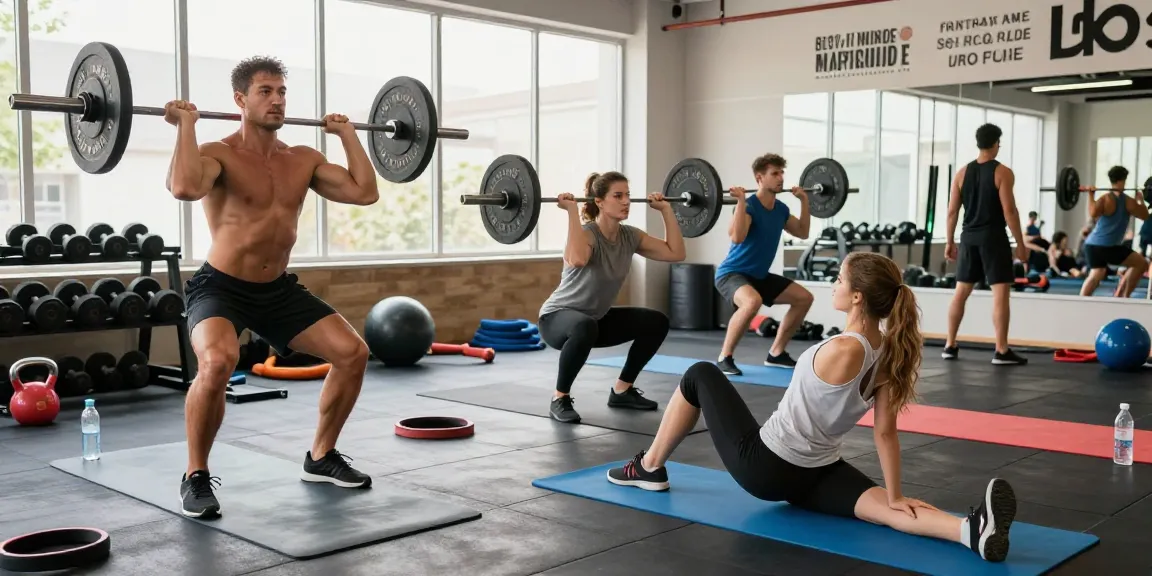 Dynamische Fitness-Szene, die den Anabolika Shop Deutschland in Aktion zeigt, mit Bodybuildern und Athleten beim Training und der Nutzung von Fitnessgeräten.