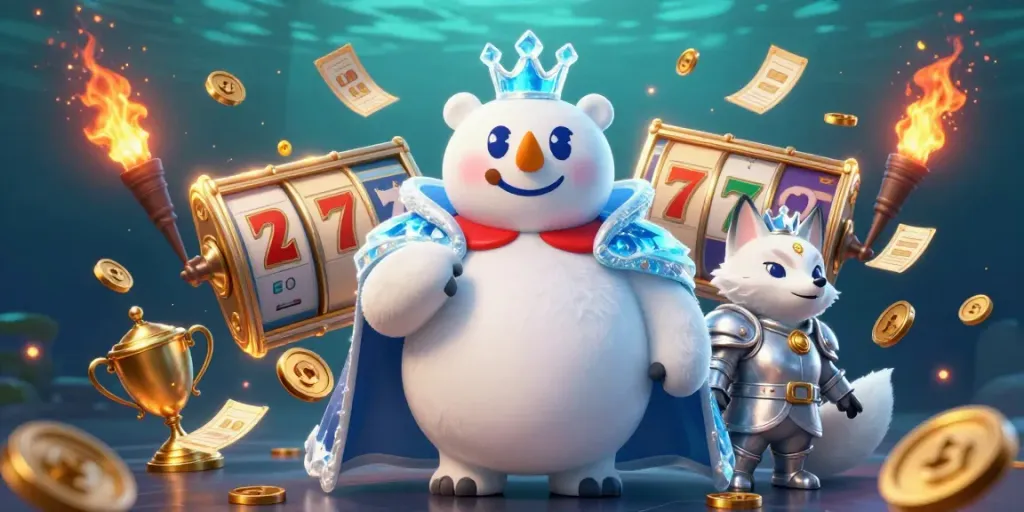 Spin the reels of fortune with slot elements and dynamic characters in this captivating casino scene.