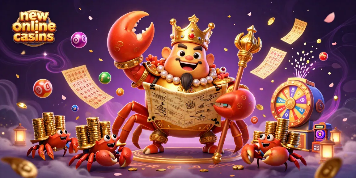 Experience the thrill of new online casinos with vibrant 3D visuals of a golden crab emperor and game elements.
