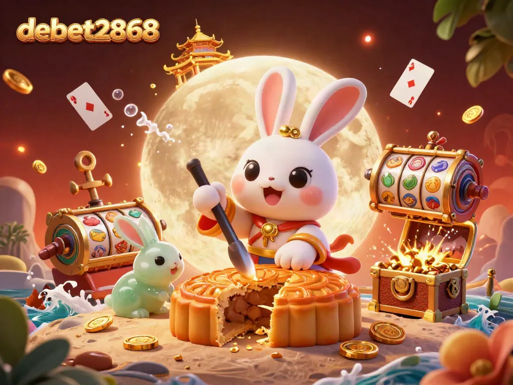 Experience the excitement at debet2868 with golden mooncakes revealing poker chips amidst vibrant casino elements.