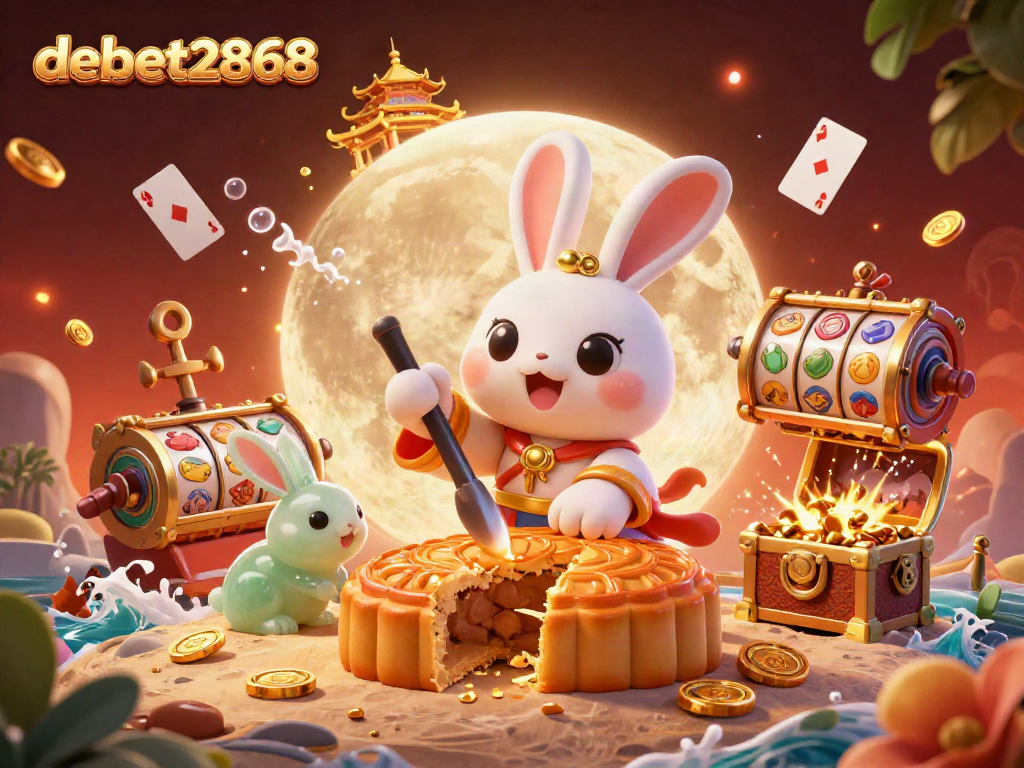 Experience the excitement at debet2868 with golden mooncakes revealing poker chips amidst vibrant casino elements.