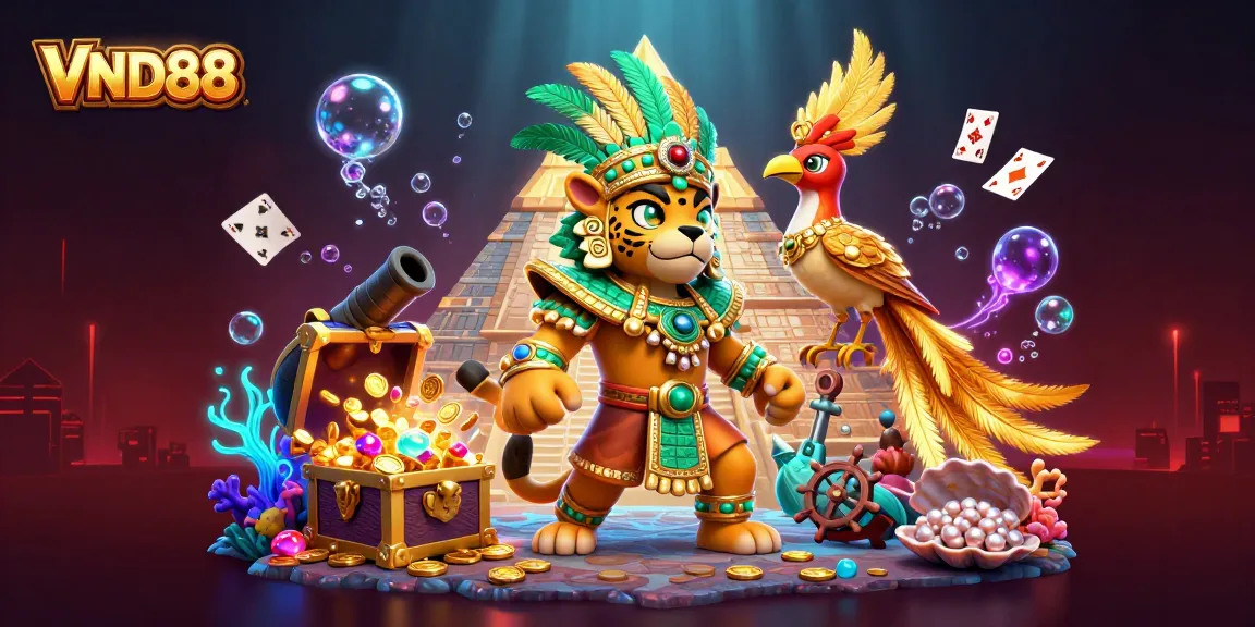 Win big with VND88 at a vibrant underwater casino scene showcasing a Mayan jaguar priest and treasure-filled elements.