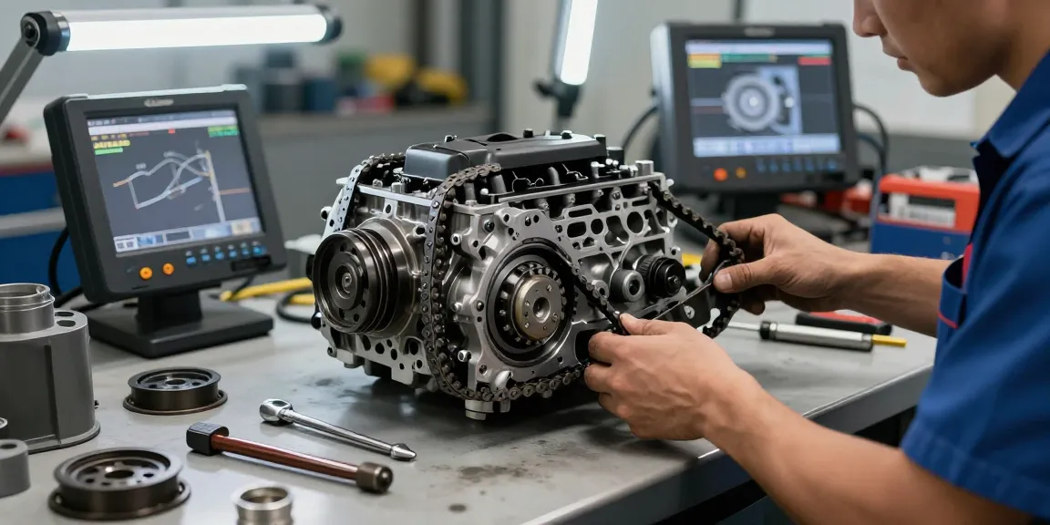 BMW Steuerkette Wechseln wird von einem Mechaniker in einer gut beleuchteten Garage mit sichtbaren Werkzeugen und Motorenteilen durchgeführt.
