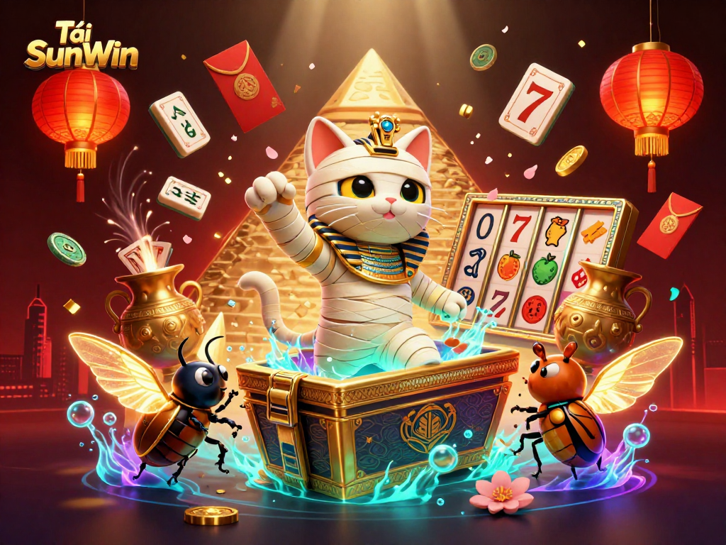 Tải SunWin showcases an Egyptian mummy cat and scarab beetle in a vibrant interactive casino scene.