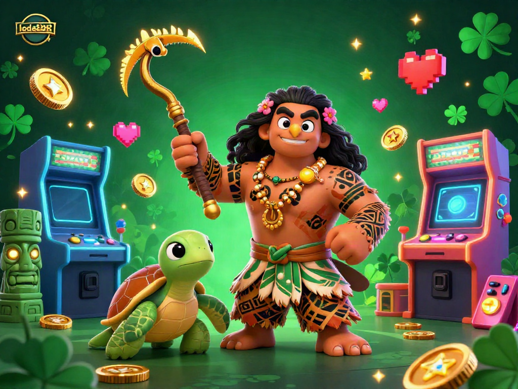 Engage with lode888's vibrant casino scene featuring Hawaiian demigod and turtle amidst dynamic gaming elements.