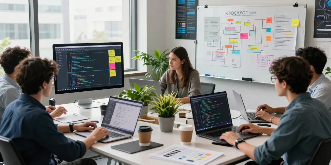 Build internal tools with AI in a collaborative software development workspace filled with laptops, diagrams, and natural light.