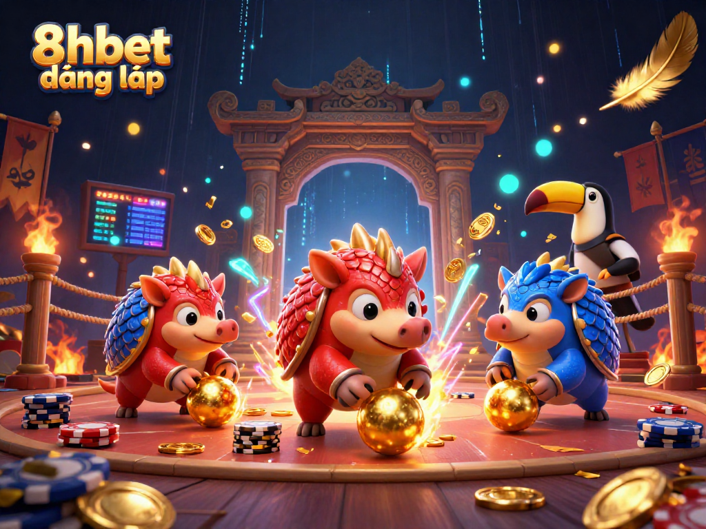 Engage in thrilling gameplay with 8xbet đăng nhập featuring dynamic pangolin rivals and poker chips in a vibrant casino scene.