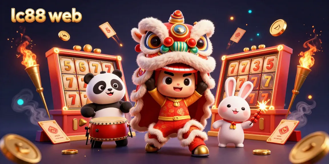 Win big with lc88 web! Colorful casino scene featuring Chinese New Year characters and jackpot slots.