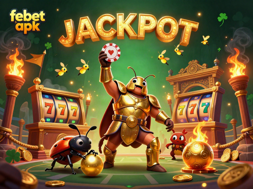 Experience the thrill of winning at Febet apk with a lively illustration featuring a gladiator beetle and jackpot celebration.