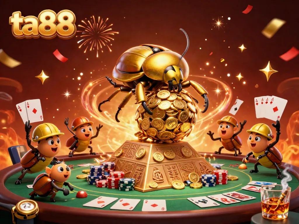 Experience the thrilling world of ta88 casino with golden beetles and poker elements rolling in dynamic excitement.
