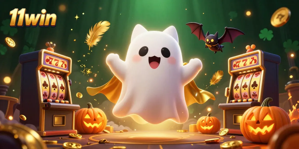 Play slots with 11win in a haunted casino, featuring a ghost cat and glow-in-the-dark jack-o-lanterns.