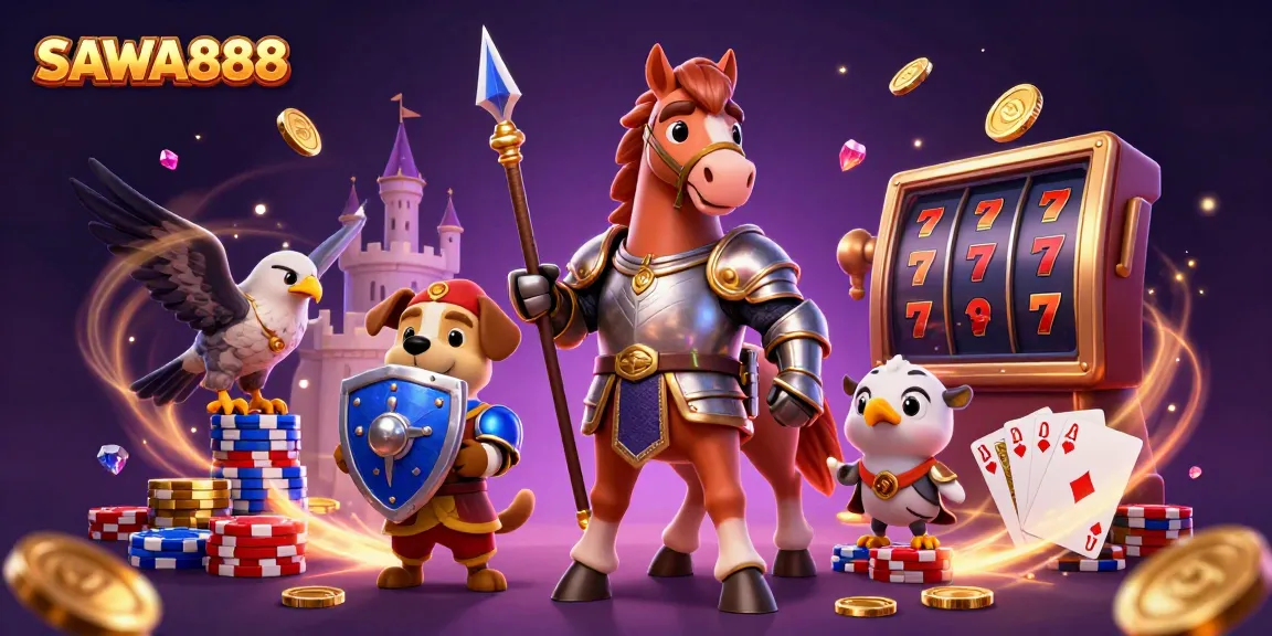 SAWA888 offers engaging slots excitement featuring cascading coins and royal flush cards.