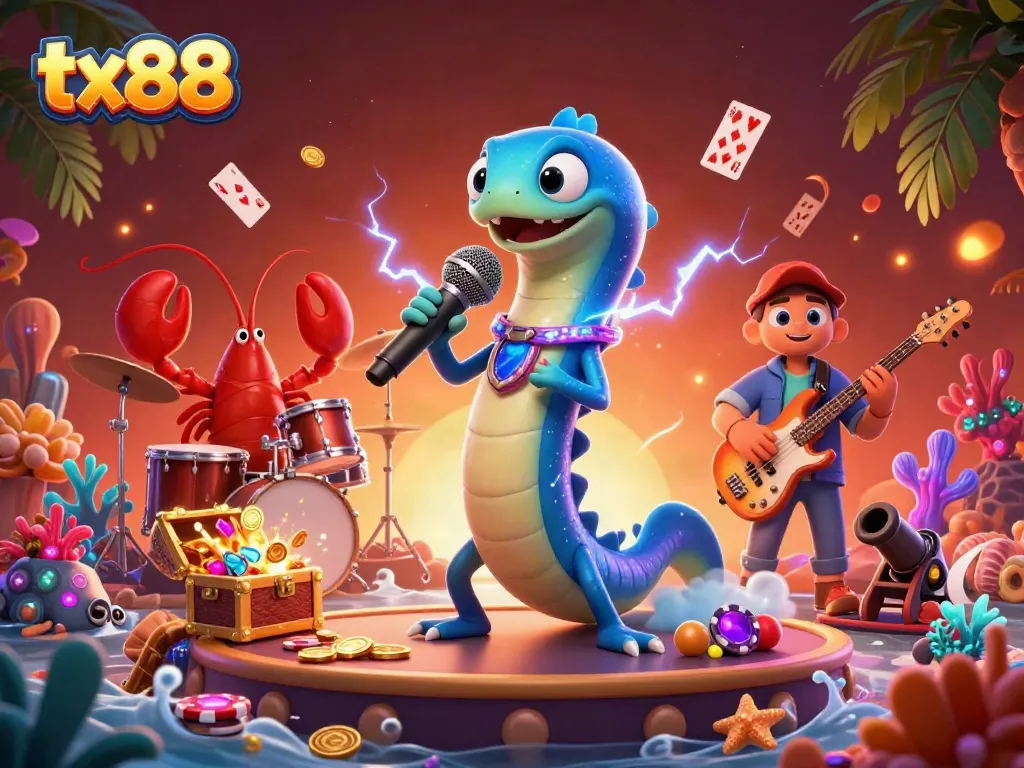 Join the excitement at tx88 casino with a lively DJ eel, lobster drummer, and seahorse guitarist on stage.