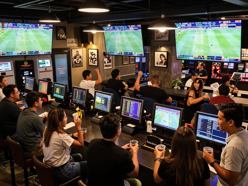 Cheering fans at a sports bar while placing bets on soi keo nha cai with lively ambiance and betting kiosks.