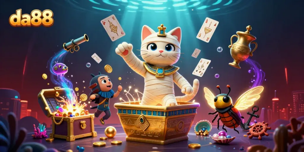Experience thrilling gaming adventures at da88 with the Egyptian mummy cat in a dazzling casino scene.