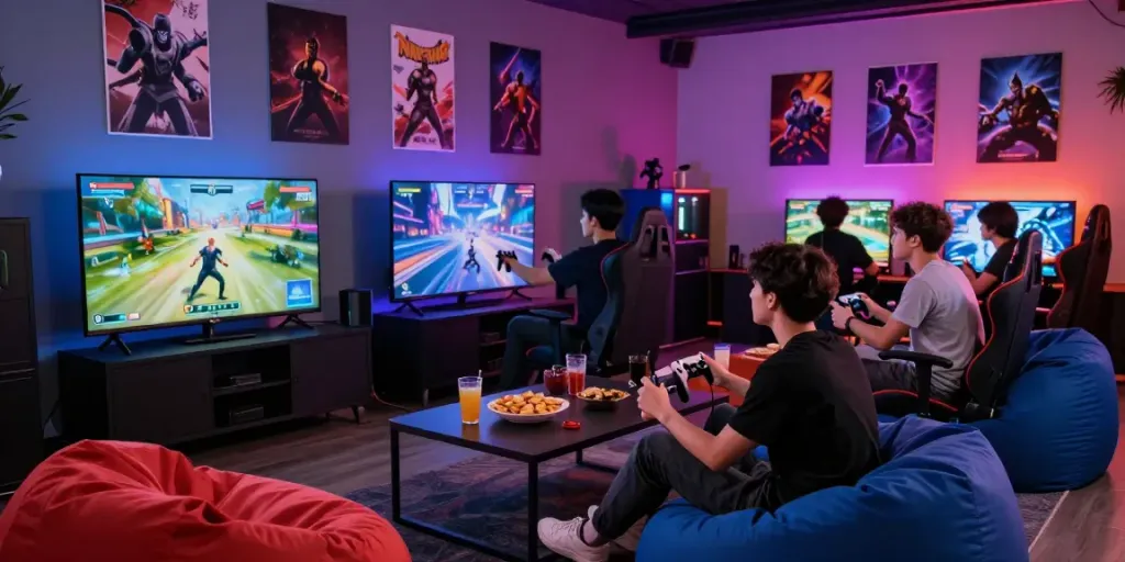 Friends playing multiplayer games in a vibrant lounge, showcasing rokok88 alternatif.