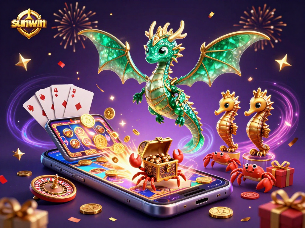 Spin the reels with sunwin's vibrant sea dragon and gaming treasures in this captivating illustration.
