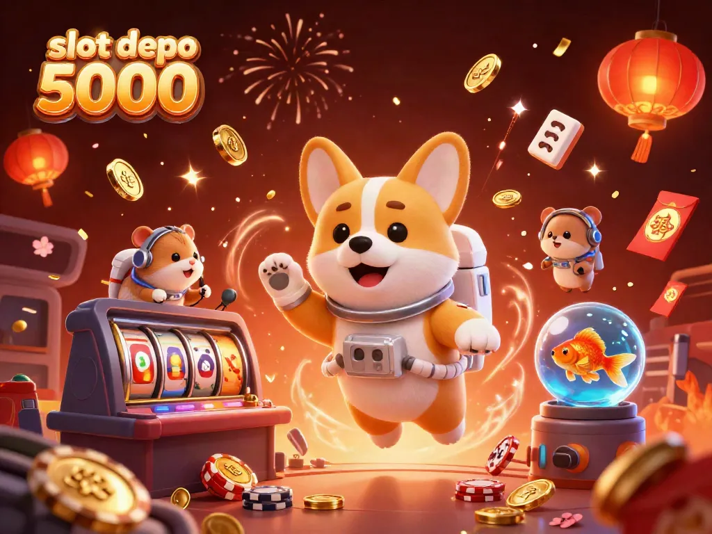 Engage with exciting slot depo 5000 gameplay through a dynamic 3D casino scene featuring floating poker chips and a whimsical space setting.