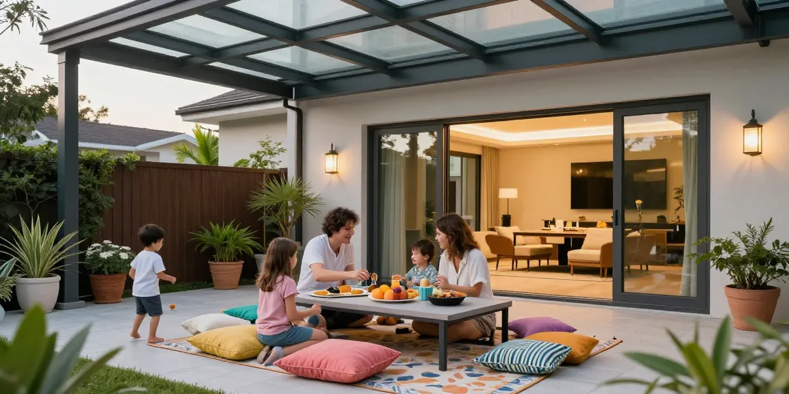 Gemütliche Terrasse mit Terrassenüberdachung, Familie genießt den Nachmittag bei einem Picknick.