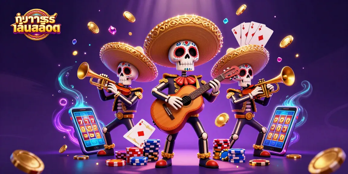 Engage with ทดลองเล่นสล็อต through vibrant scenes of mariachi skeletons amidst cascading coins and spinning roulette.