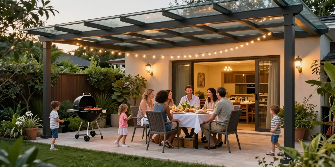 Freistehende Terrassenüberdachung in einladender Gartenumgebung mit fröhlicher Familie während einer Grillparty.