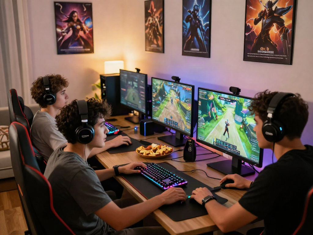 Engaged gamers playing together, showcasing rokok88 daftar in a vibrant digital gaming setup.