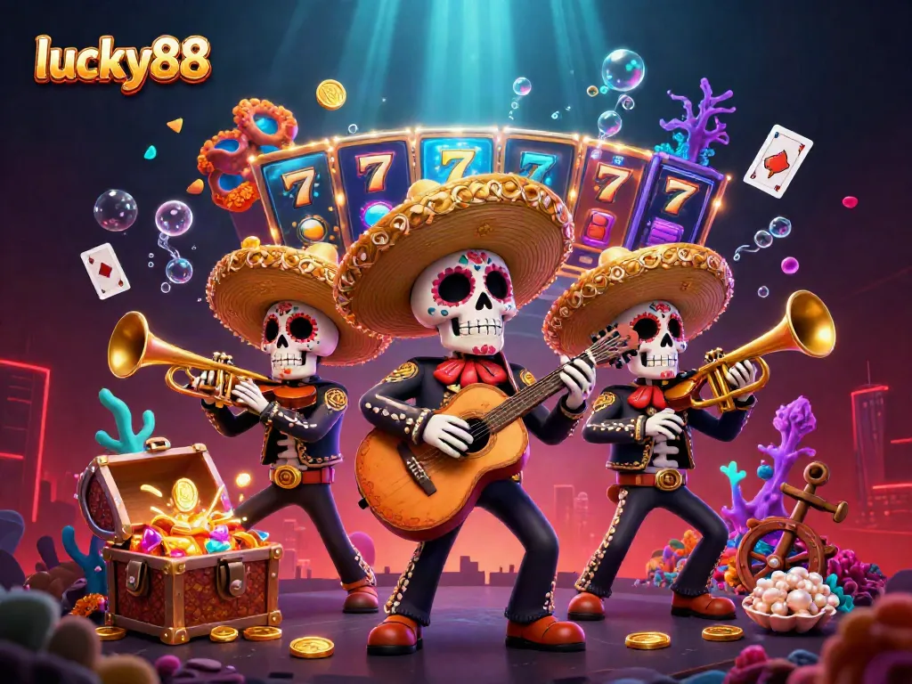 Experience lucky88 with vibrant slot reels and lively mariachi band celebrating in a rich casino scene.