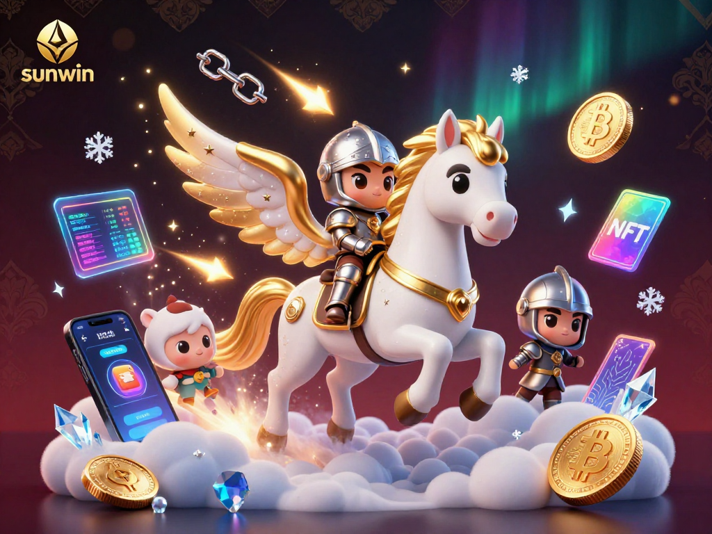 Join the adventure with sunwin, as the celestial knight rides the white horse amidst crypto and casino magic.