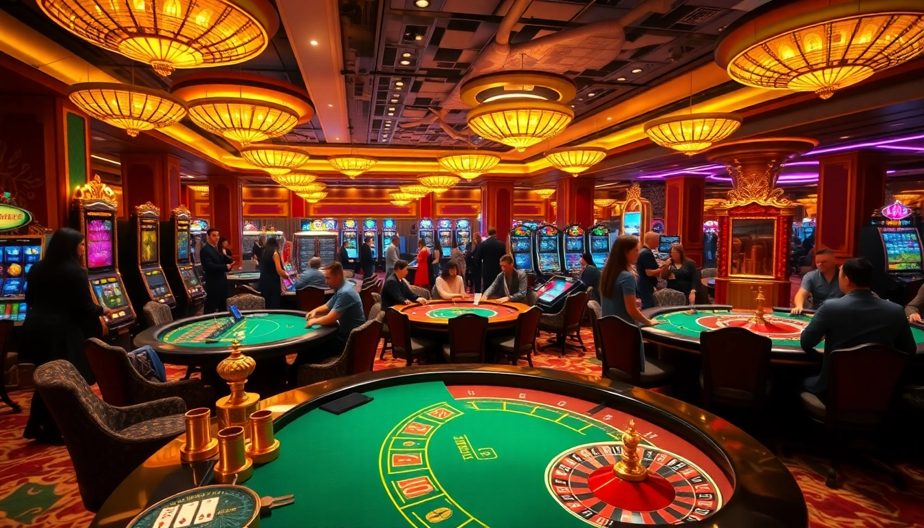 Exciting casino scene at Trang chủ U888 featuring vibrant tables and slot machines.