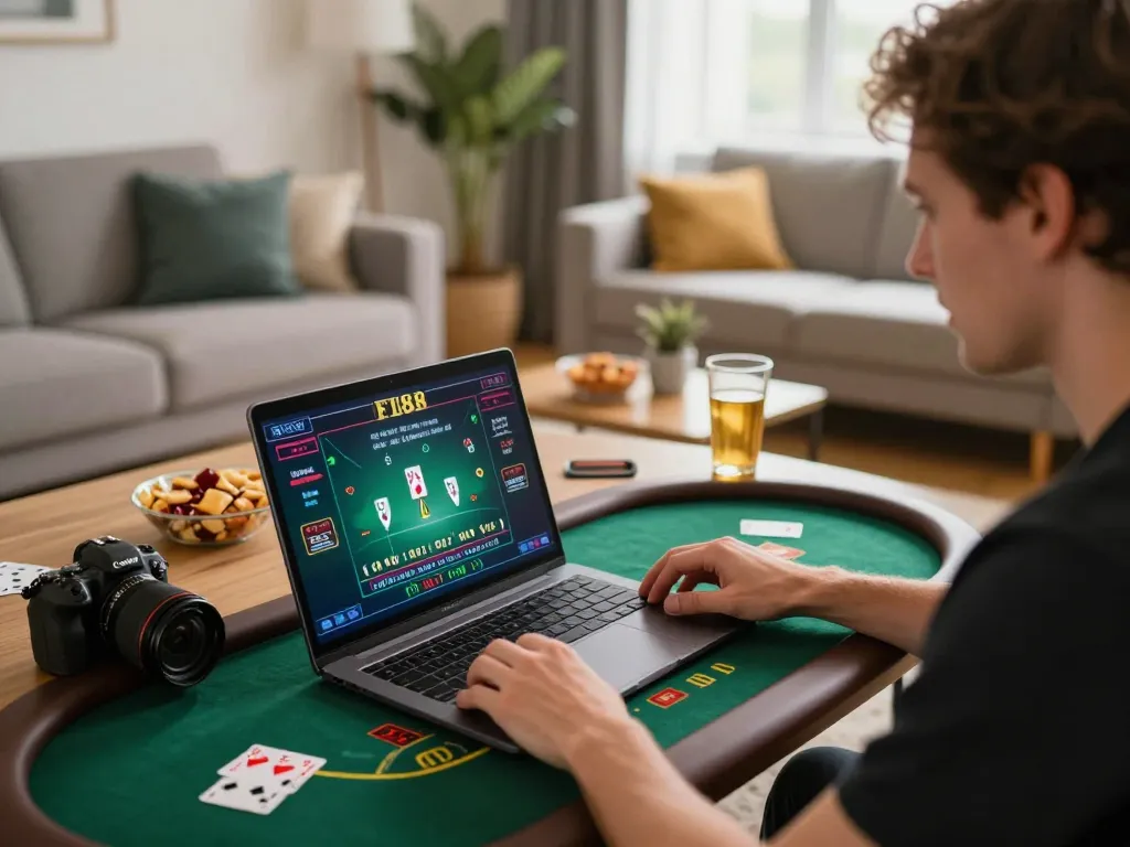 Player engaging in F168 live dealer blackjack on laptop at home, showcasing immersive online gaming experience.