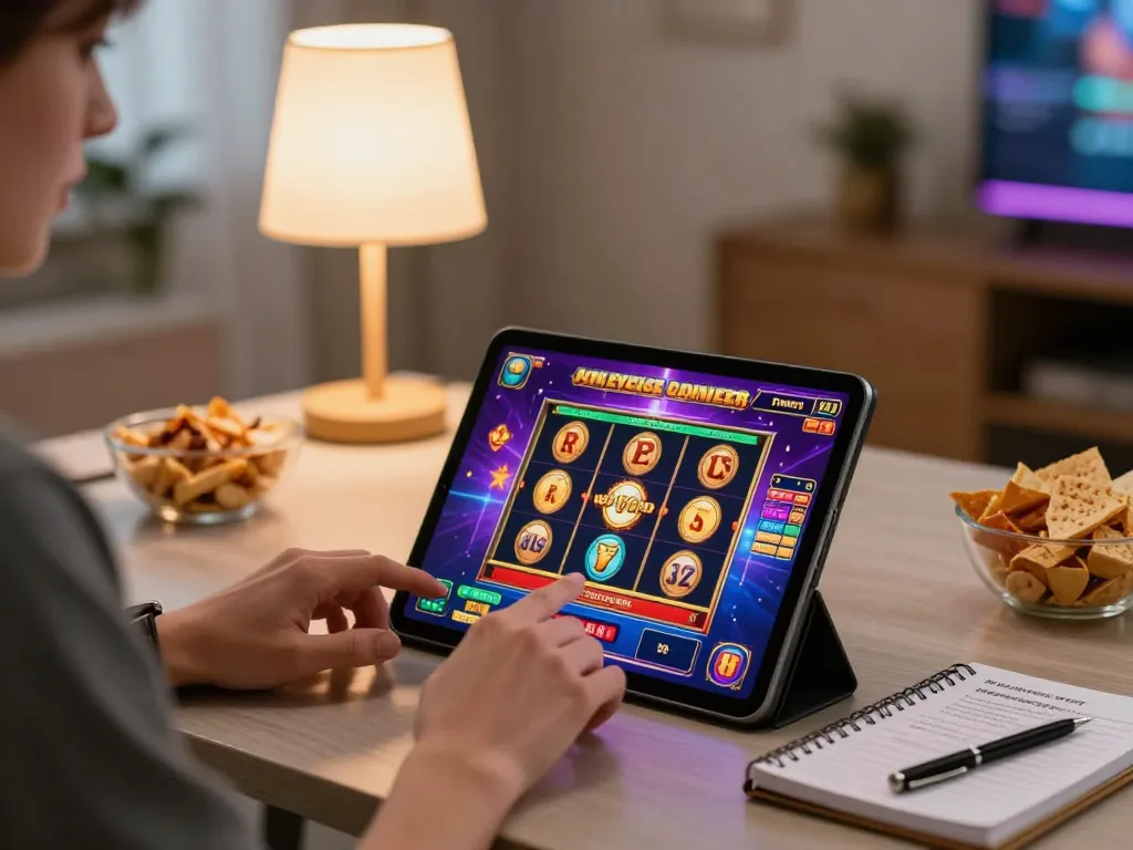 Player enjoying TR88 casino games on tablet in a cozy living room, focusing on responsible gaming