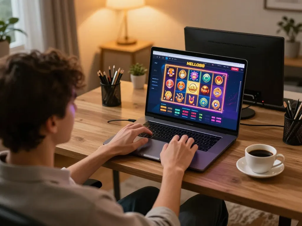 Person engaged in HELLO88 online casino gaming on laptop, surrounded by cozy decor and coffee
