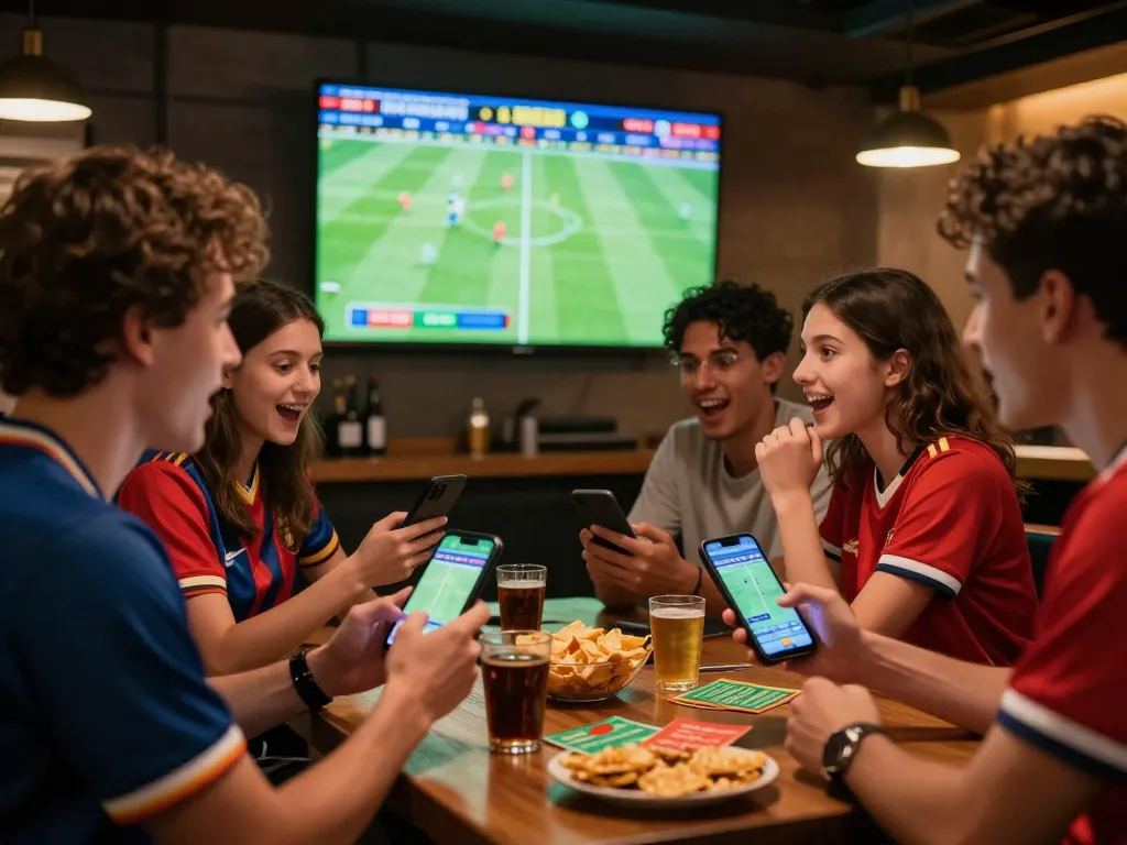 Engaged friends using kèo nhà cái 5 during an exciting sports betting night.