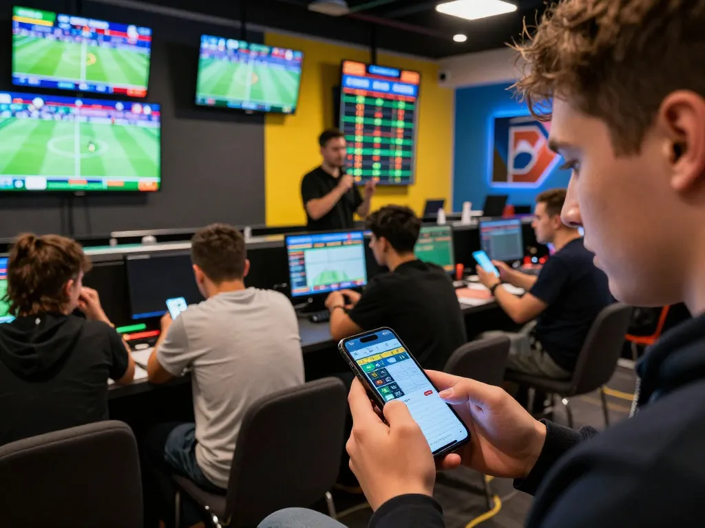 Patrons engaged in live sports betting at DAGA, analyzing odds and placing bets.