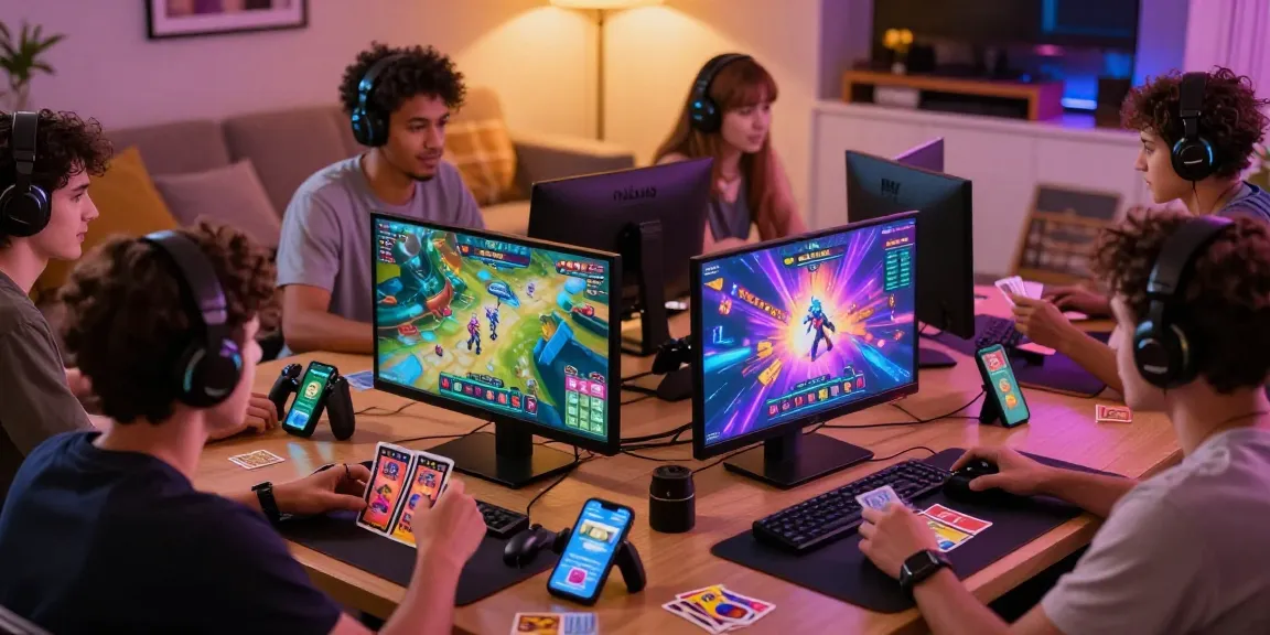 Group of players enjoying games at https://b52club.radio.fm/ in a cozy living space with vibrant graphics.