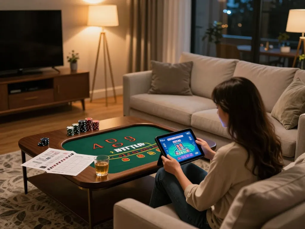 Kkwin user enjoying a live blackjack game on tablet in a cozy home setting.