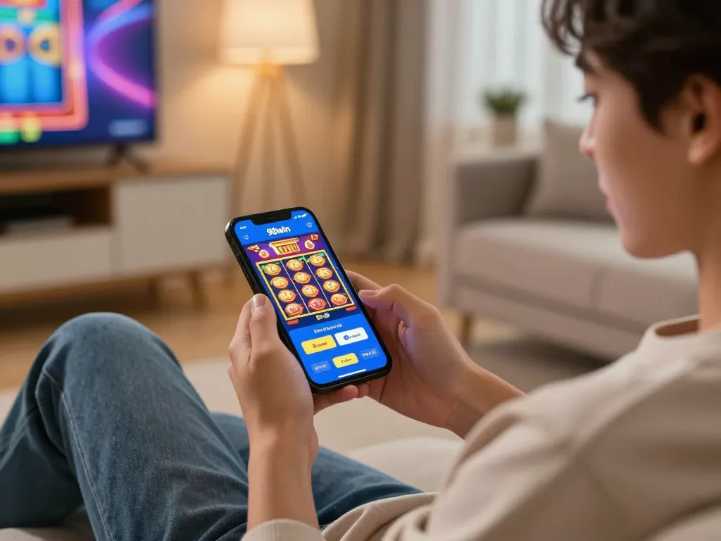 Player enjoying mobile gaming on 98win casino app, highlighting the impactxoft of online gambling.