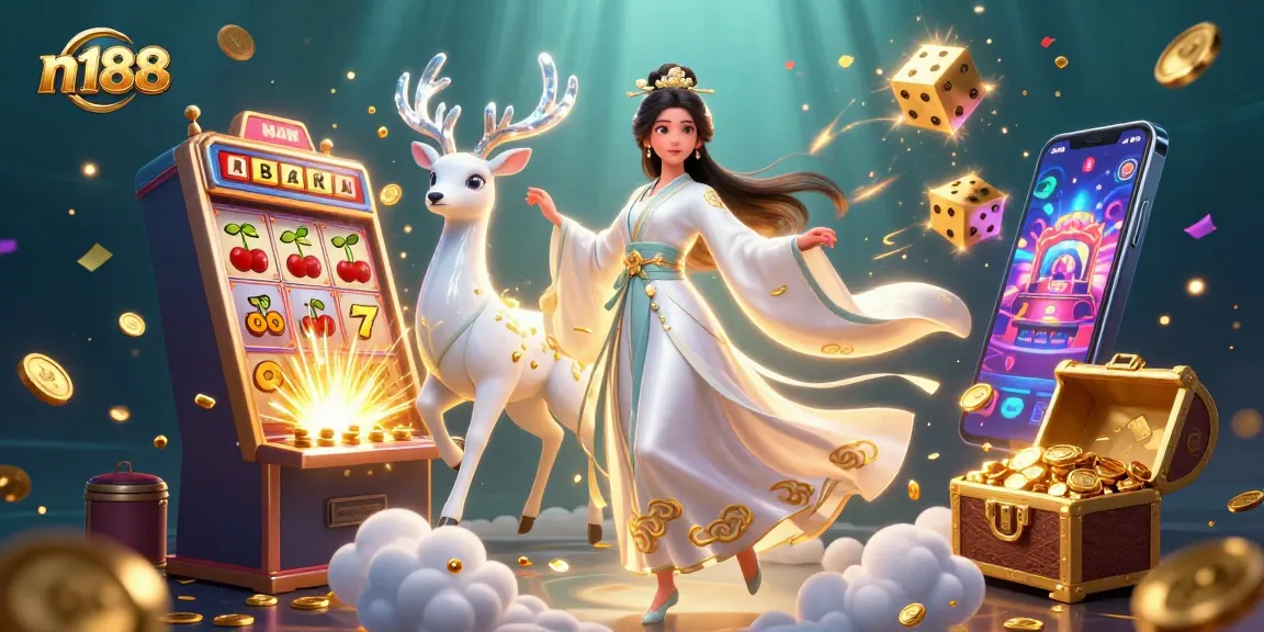 Win big at n188 with vibrant 3D casino elements showcasing slot machines, coins, and gaming excitement.