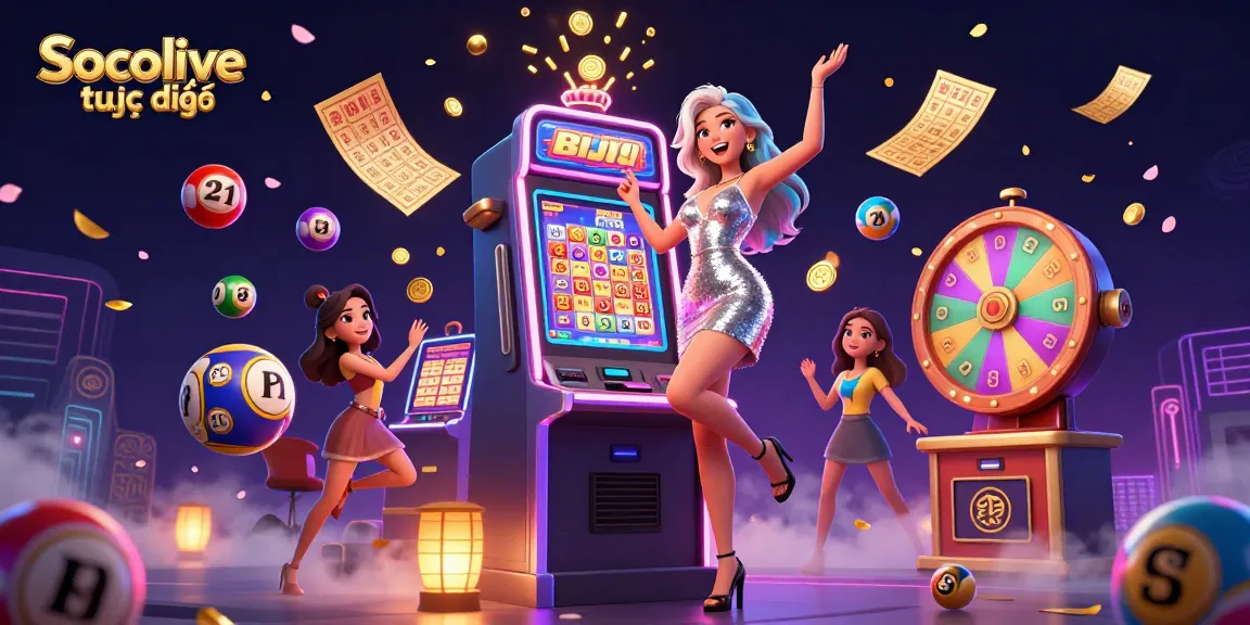 Socolive trực tiếp elevates the gaming experience with a jackpot celebration scene amidst falling coins and lottery elements.