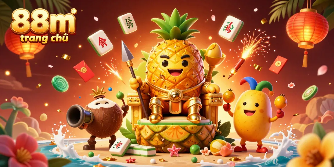Engage the vibrant world of 88m trang chủ with a dynamic and colorful beach casino illustration featuring a pineapple king and action-packed gaming elements.