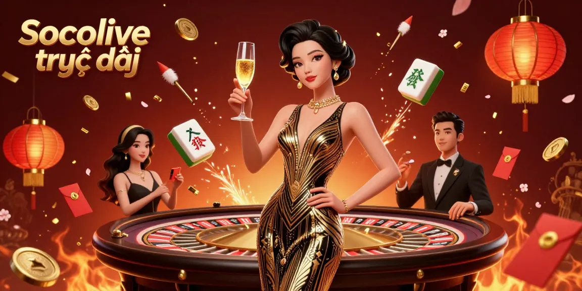 Socolive trực tiếp brings excitement to the casino scene, featuring a glamorous Asian woman showcasing a vintage roulette table surrounded by celebration elements.